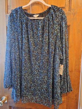 Terra & Sky Blue Floral Pleated Tunic Top, 4x, NWT